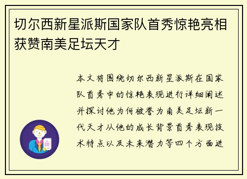 切尔西新星派斯国家队首秀惊艳亮相获赞南美足坛天才